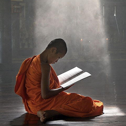 Un moine portant une tunique orange assis parterre lit un large livre.