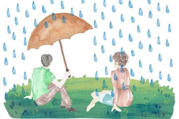 Un homme sous un parapluie, une comme sous la pluie