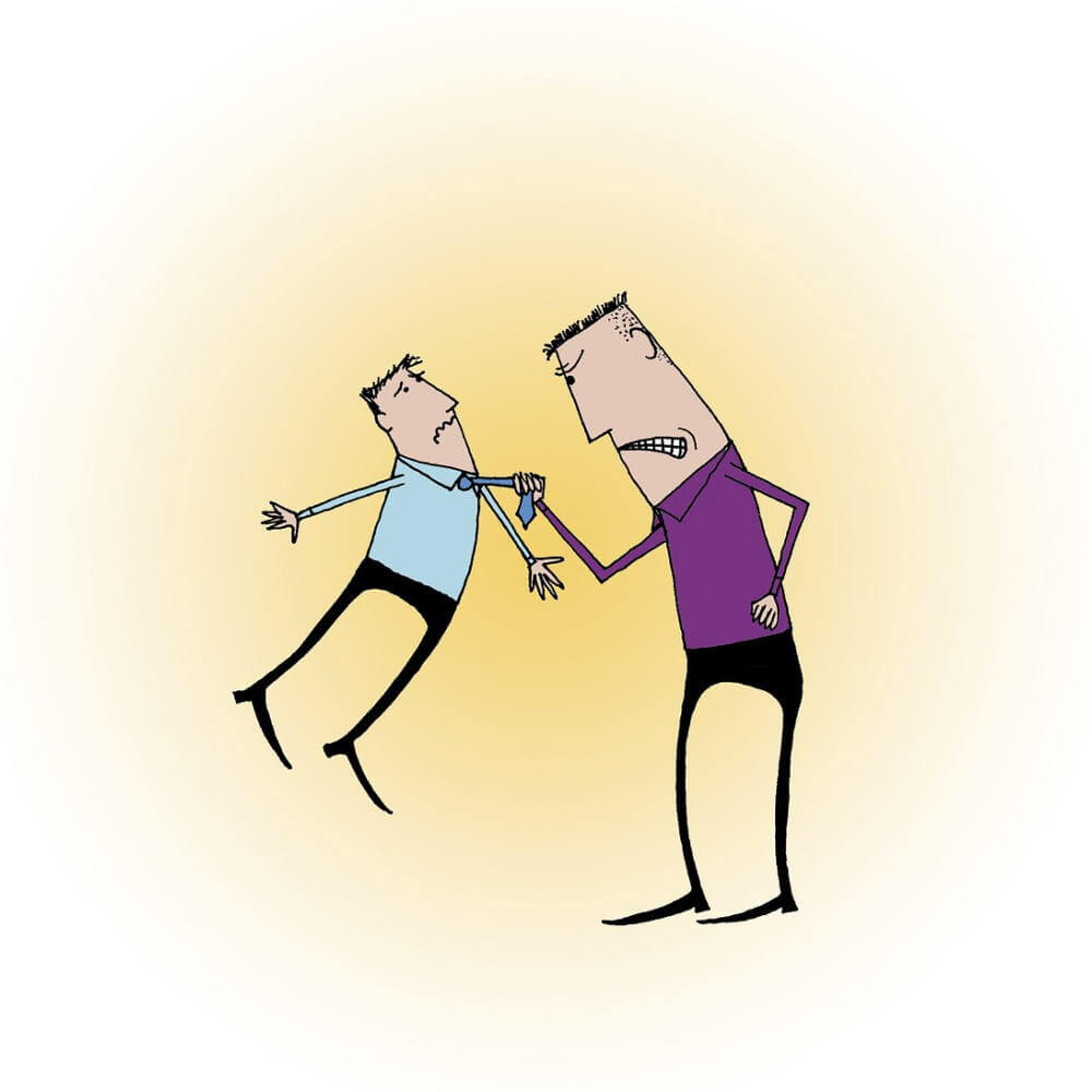 Dessin simple d’un individu menaçant qui tire sur la cravate d’une personne plus petite.
