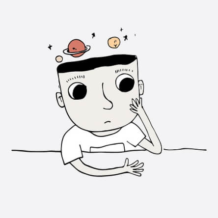 Dessin d’un homme dont le cerveau émet de petites planètes.