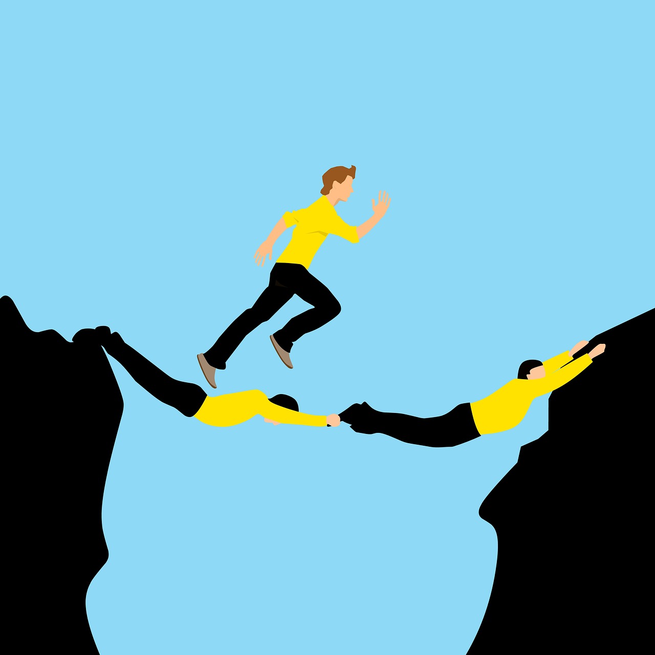 Deux hommes font un pont avec leurs corps pour un troisième.