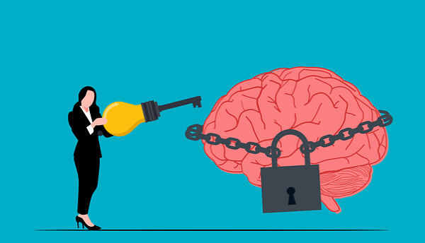 Une femme a la clef d'un cadenas qui enchaine un cerveau.