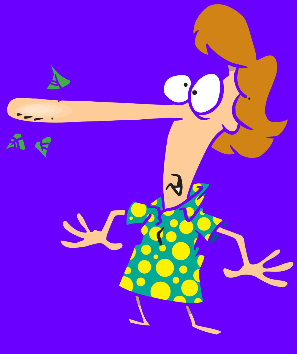  Image de style bande dessinées avec une personne dont le nez est grandement allongé. 