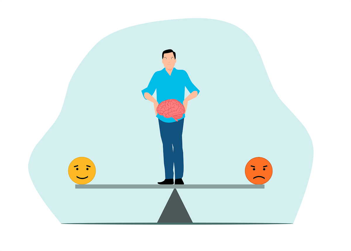 Une balance à plateau avec un visage souriant à gauche et un visage triste à droite