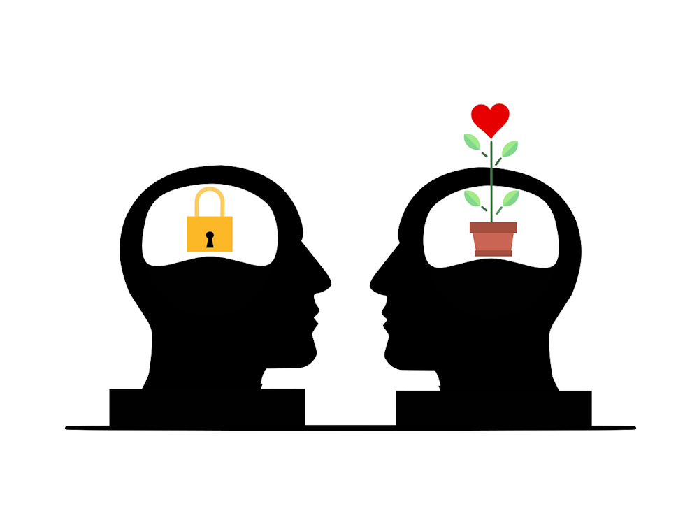 Une tête avec une fleur devant une tête avec un cadenas.