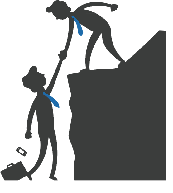 Un homme au-dessus d'un mur tend la main à un autre homme pour l'aider à monter