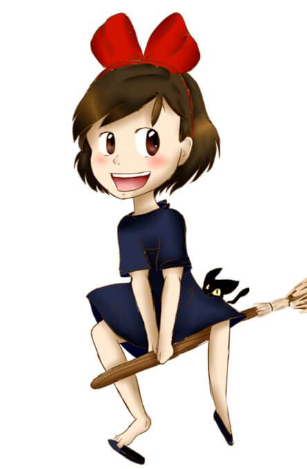 Une gamine vole sur un balai.