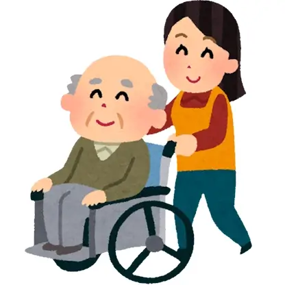 Une jeune fille pousse un vieil homme en chaise roulante.