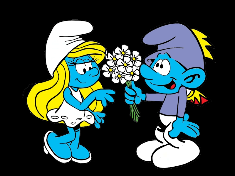 Un personnage bleu offre un bouquet de fleurs à une jeune femme bleue.